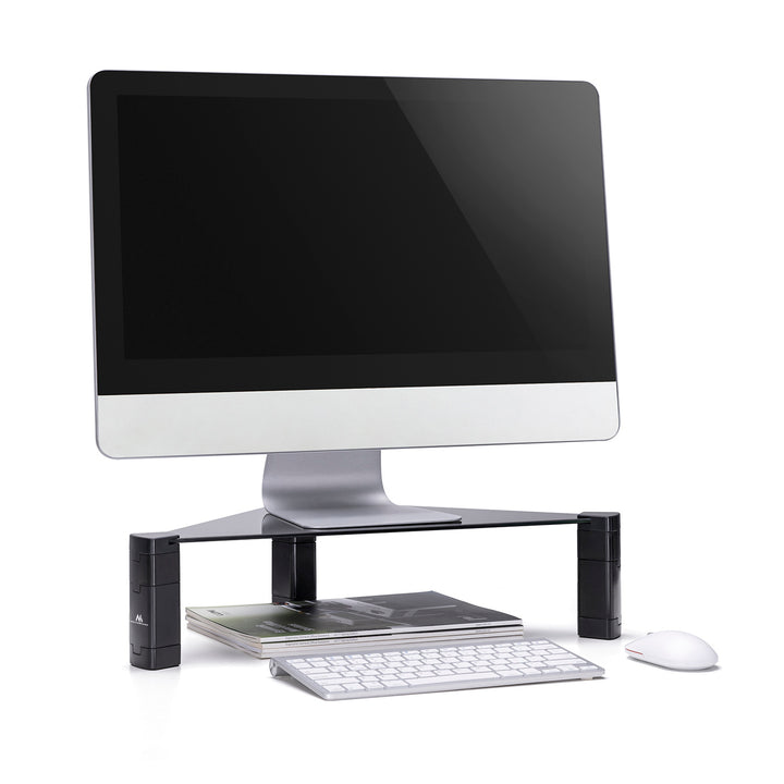 Maclean MC-935 Supporto triangolare per monitorcon regolazione in altezza fino a 20 kg Alzacomputer Rialzo Superficie vetro temperato