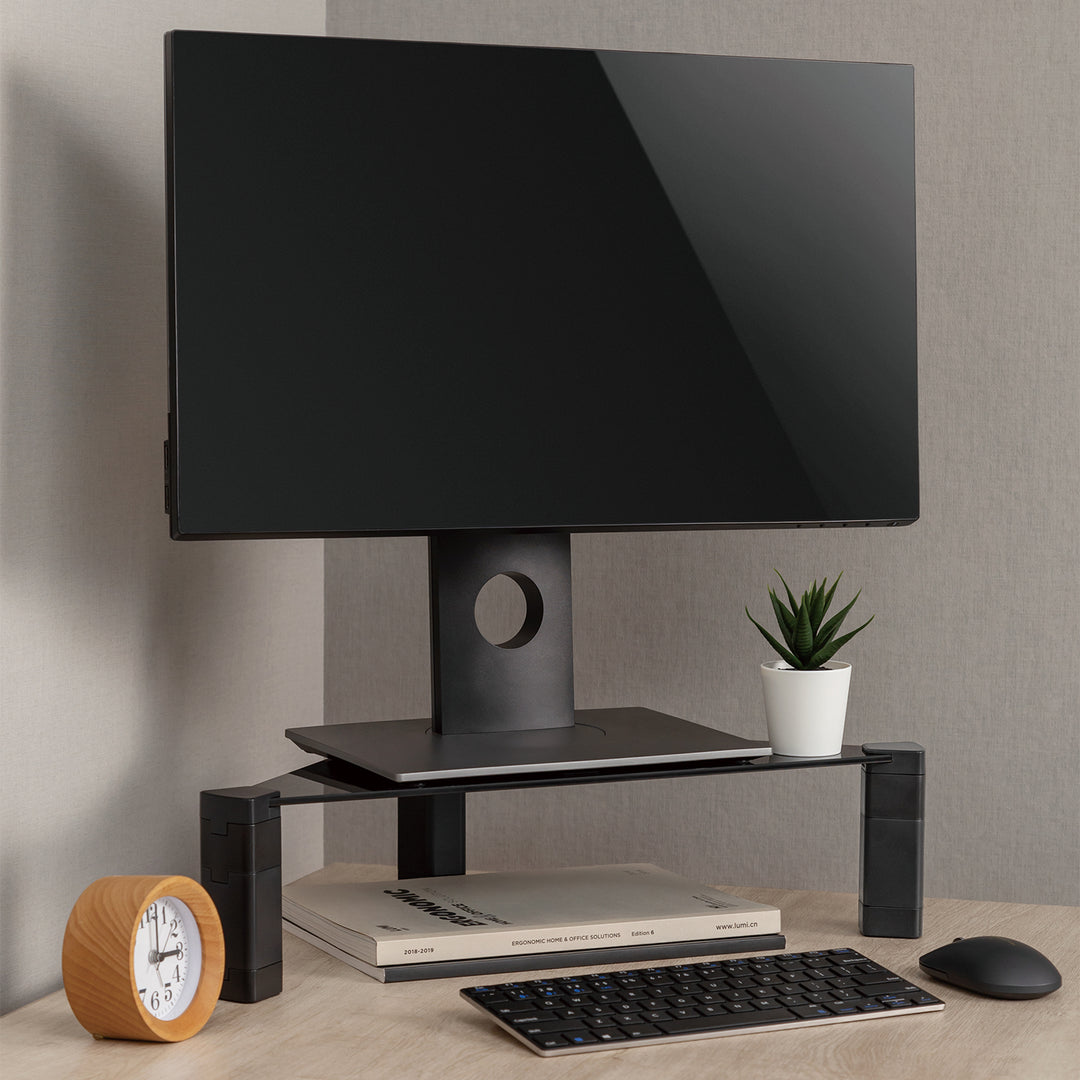 Maclean MC-935 Supporto triangolare per monitorcon regolazione in altezza fino a 20 kg Alzacomputer Rialzo Superficie vetro temperato