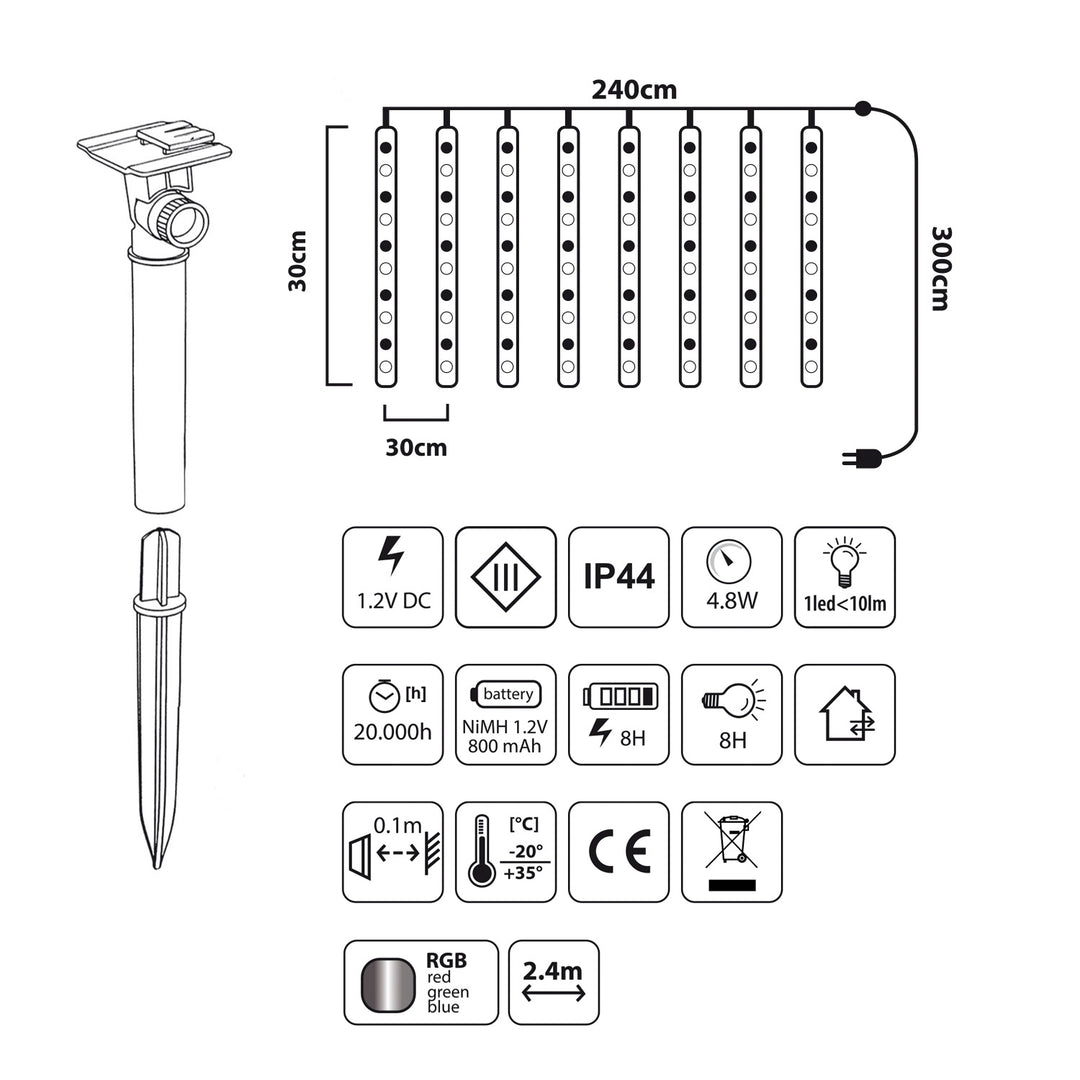 Maclean MCE411 Luci Led Solari 2,4 m, 144 LED,Modalità Ghiaccioli cadenti Batteria Li 800mAh