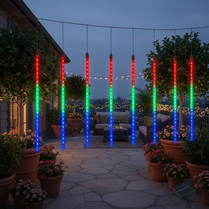Maclean MCE411 Luci Led Solari 2,4 m, 144 LED,Modalità Ghiaccioli cadenti Batteria Li 800mAh