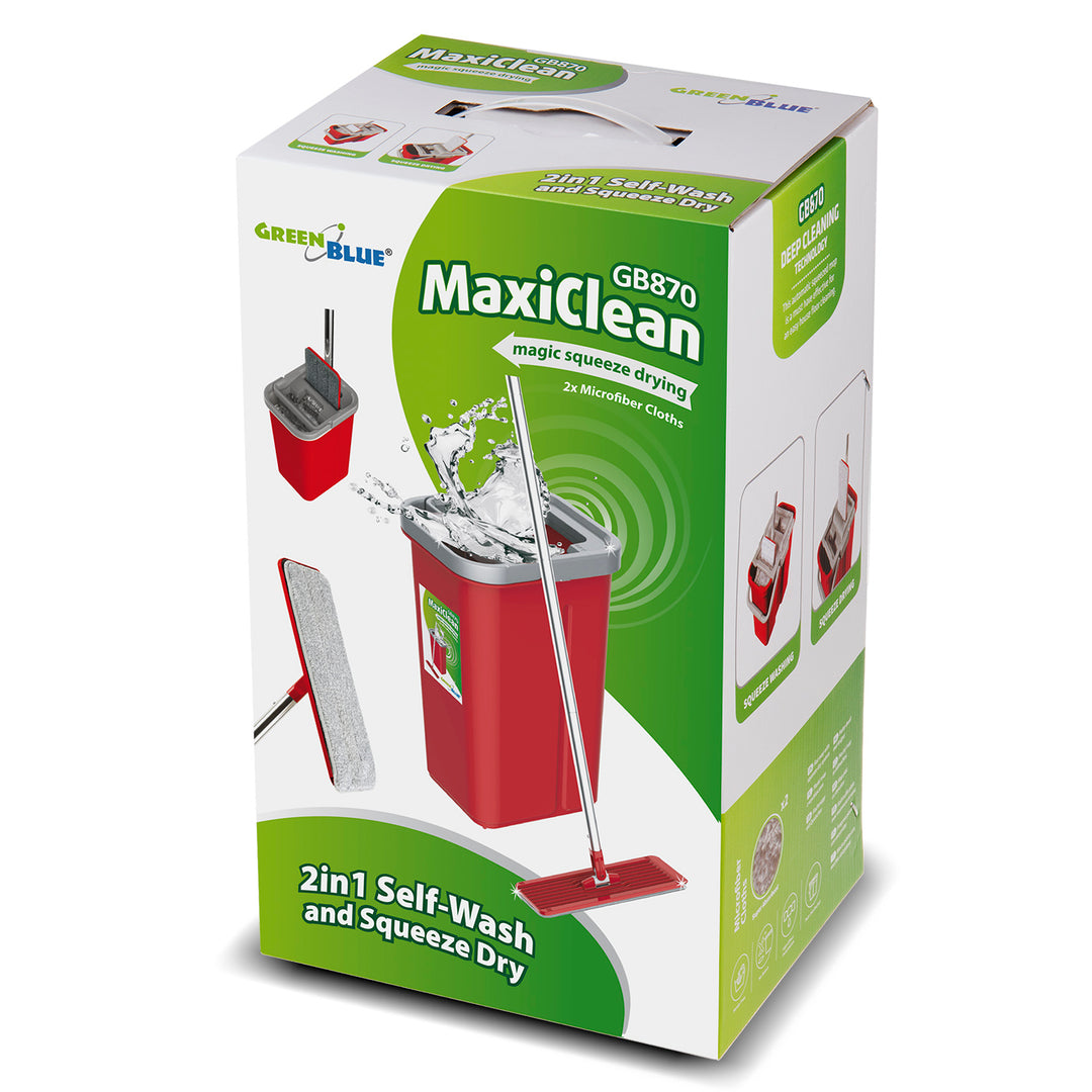 GreenBlue Set mop piatto MaxiClean con secchio di pulizia 2 in 1 Set mop da 5,7 l tergipavimento pulisci mop sistema di pulizia testa del mocio ruotabile a 360° (set mop piatto e secchio + 2x panni di ricambio)