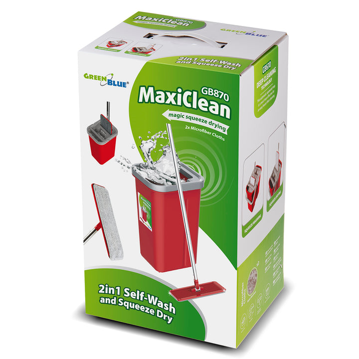 GreenBlue Set mop piatto MaxiClean con secchio di pulizia 2 in 1 Set mop da 5,7 l tergipavimento pulisci mop sistema di pulizia testa del mocio ruotabile a 360° (set mop piatto e secchio + 2x panni di ricambio)