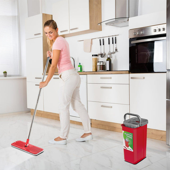GreenBlue Set mop piatto MaxiClean con secchio di pulizia 2 in 1 Set mop da 5,7 l tergipavimento pulisci mop sistema di pulizia testa del mocio ruotabile a 360° (set mop piatto e secchio + 2x panni di ricambio)
