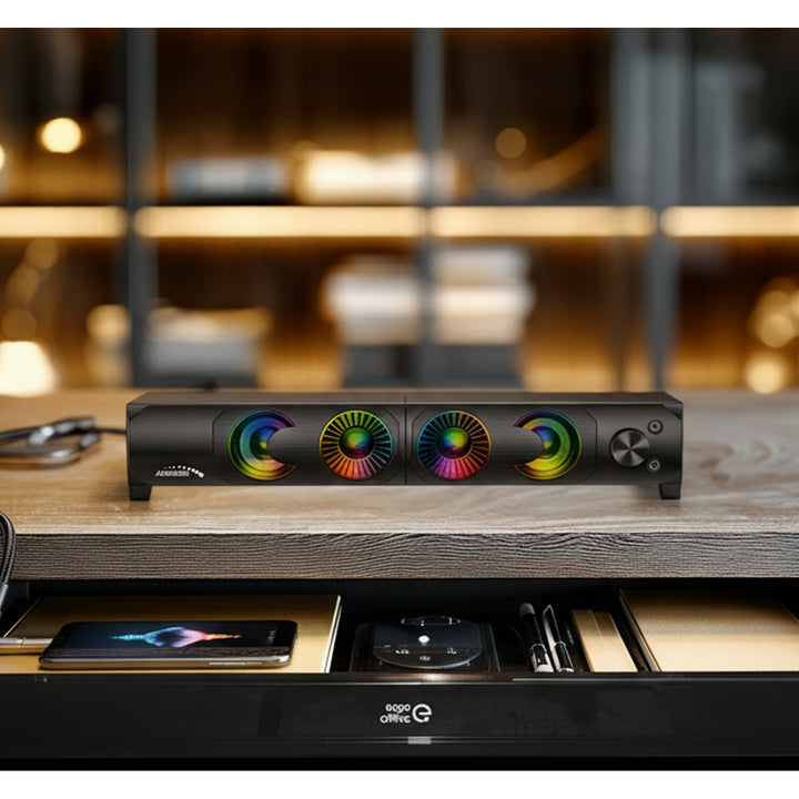 Audiocore AC955 2 in 1 altoparlante 2.0 per PC con funzione Soundbar RGB Retroilluminazione altoparlante stereo 2x3W RMS AUX 3.5 mm USB Alimentazione