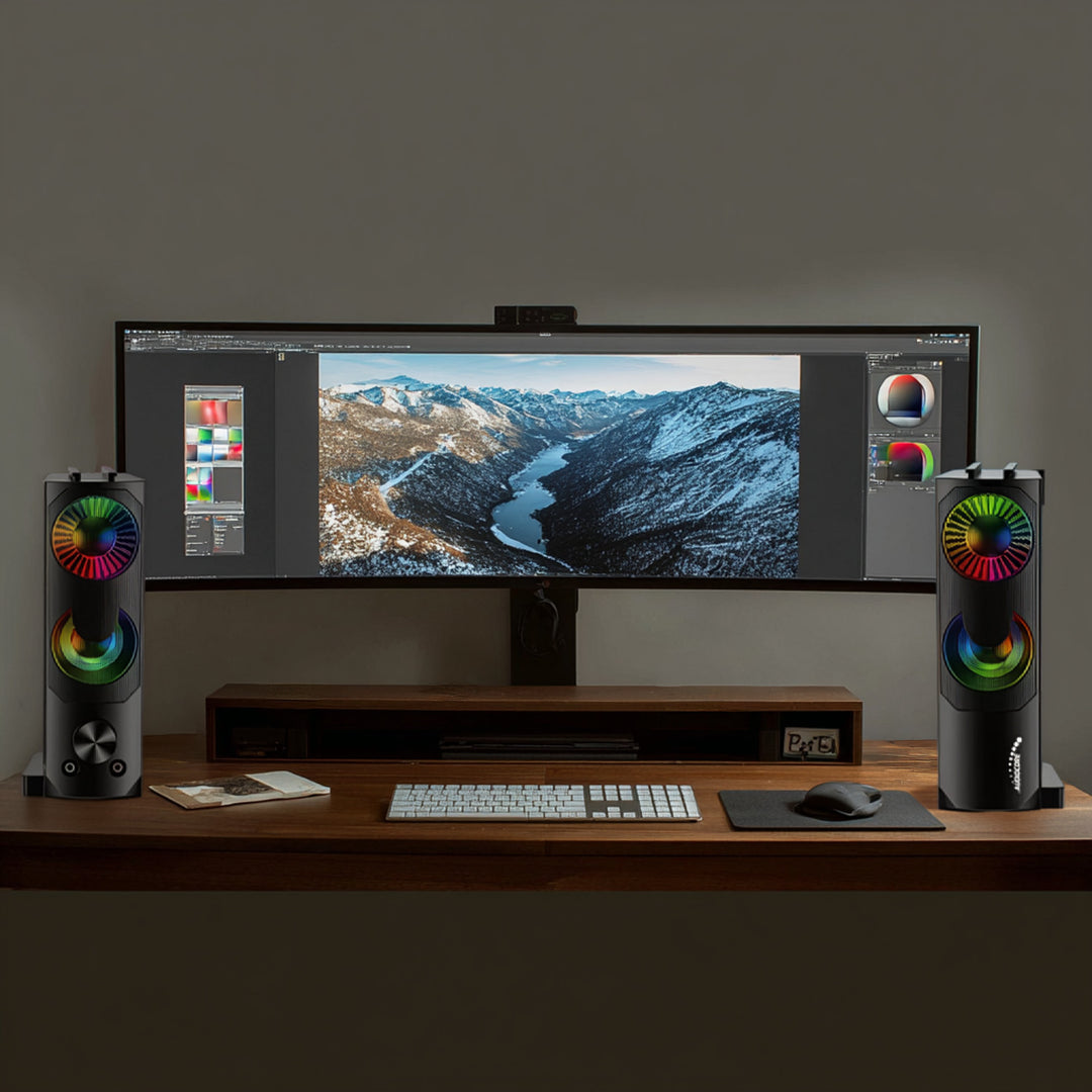 Audiocore AC955 2 in 1 altoparlante 2.0 per PC con funzione Soundbar RGB Retroilluminazione altoparlante stereo 2x3W RMS AUX 3.5 mm USB Alimentazione