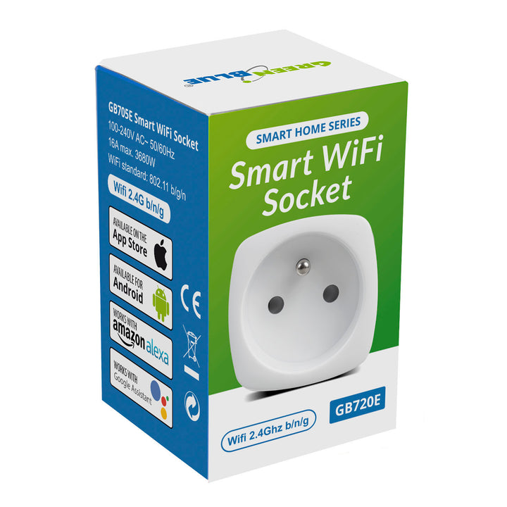 Presa telecomandata GreenBlue WiFi, Android/iOS/Alexa/Google Home, consumo energetico, timer, max. Energia, timer, max 3680W, tipo E, GB720 E