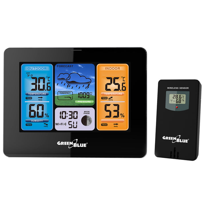 GreenBlue  GB215 Stazione meteo WiFi GreenBlue, compatibile con  Tuya Smart, sensore esterno, calendario, previsioni meteo, barometro
