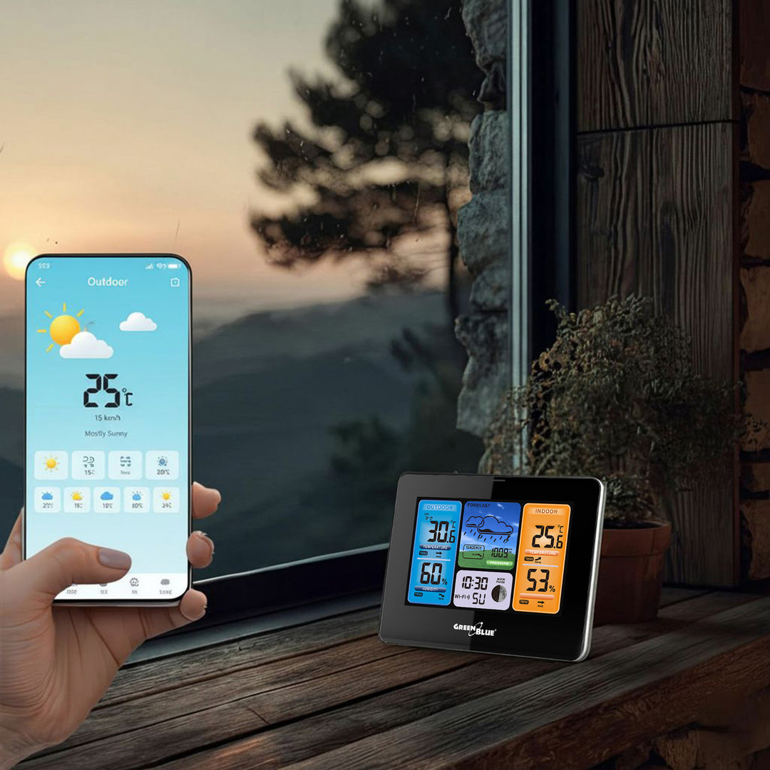 GreenBlue  GB215 Stazione meteo WiFi GreenBlue, compatibile con  Tuya Smart, sensore esterno, calendario, previsioni meteo, barometro