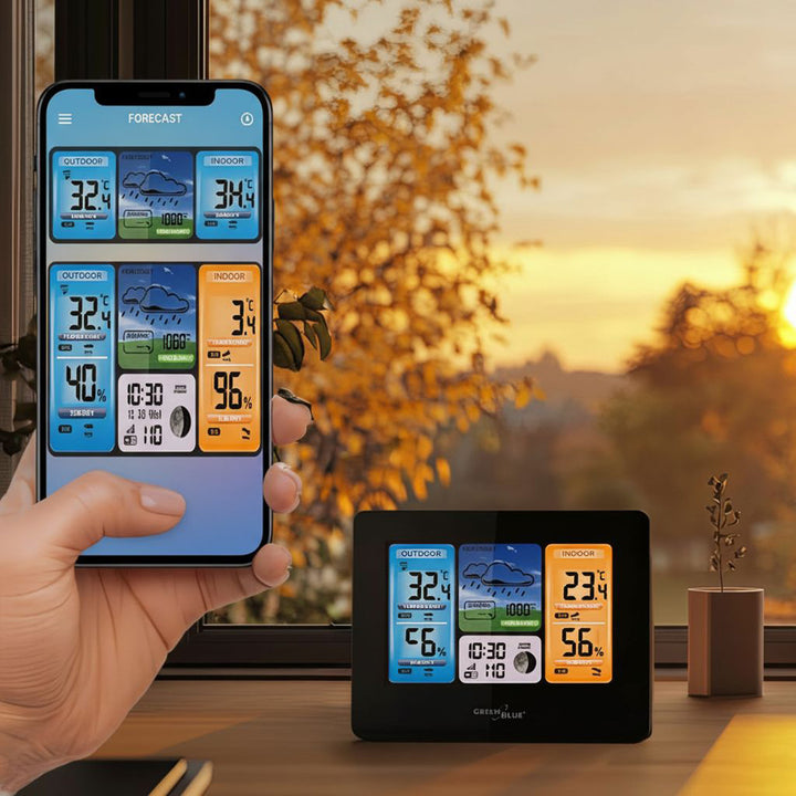 GreenBlue  GB215 Stazione meteo WiFi GreenBlue, compatibile con  Tuya Smart, sensore esterno, calendario, previsioni meteo, barometro