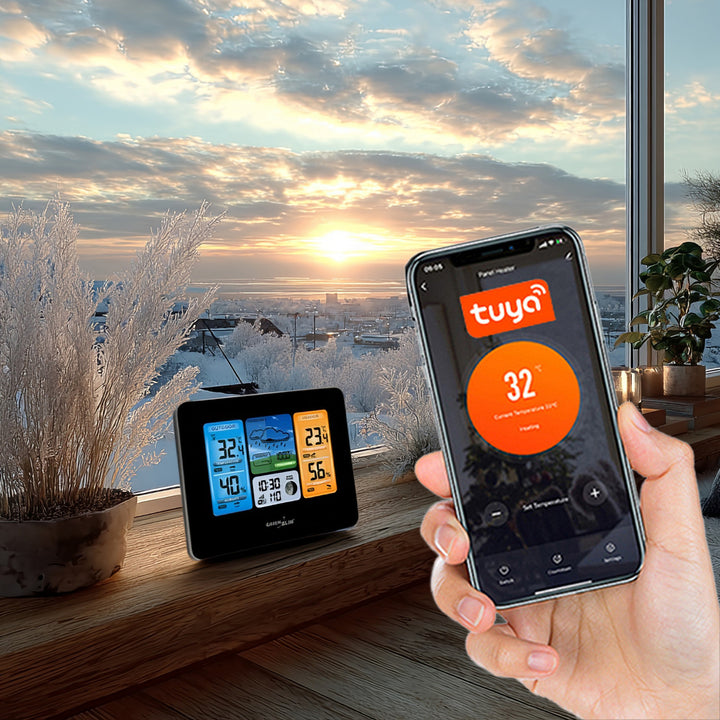 GreenBlue  GB215 Stazione meteo WiFi GreenBlue, compatibile con  Tuya Smart, sensore esterno, calendario, previsioni meteo, barometro
