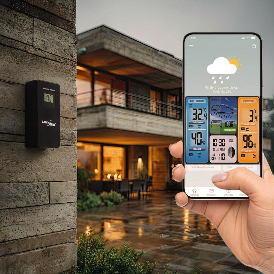 GreenBlue  GB215 Stazione meteo WiFi GreenBlue, compatibile con  Tuya Smart, sensore esterno, calendario, previsioni meteo, barometro
