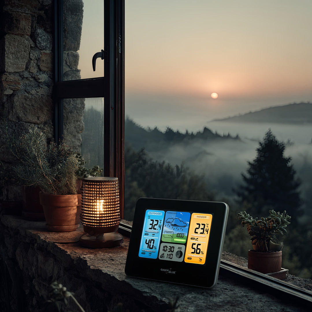 GreenBlue  GB215 Stazione meteo WiFi GreenBlue, compatibile con  Tuya Smart, sensore esterno, calendario, previsioni meteo, barometro