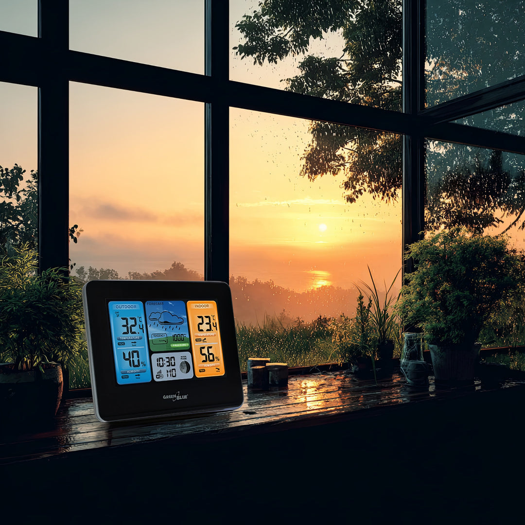 GreenBlue  GB215 Stazione meteo WiFi GreenBlue, compatibile con  Tuya Smart, sensore esterno, calendario, previsioni meteo, barometro
