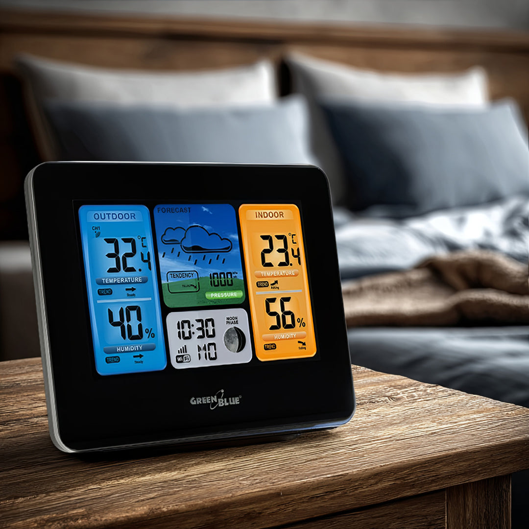 GreenBlue  GB215 Stazione meteo WiFi GreenBlue, compatibile con  Tuya Smart, sensore esterno, calendario, previsioni meteo, barometro