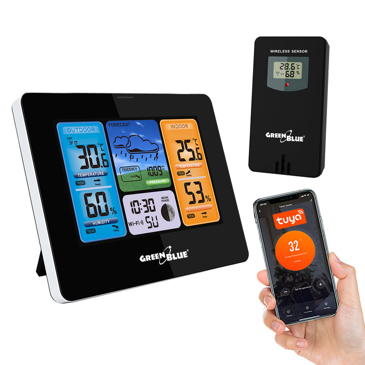 GreenBlue  GB215 Stazione meteo WiFi GreenBlue, compatibile con  Tuya Smart, sensore esterno, calendario, previsioni meteo, barometro