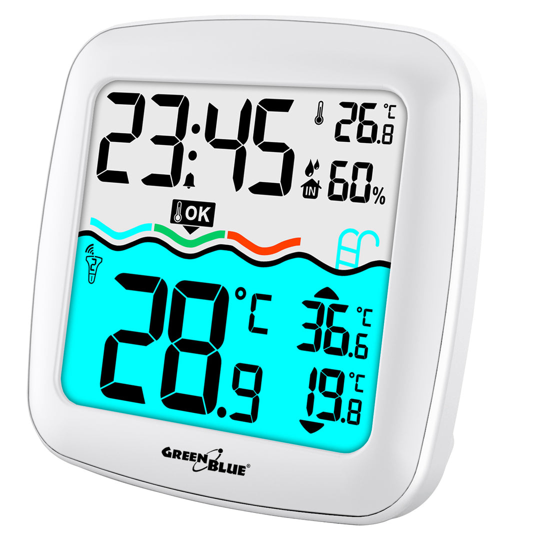 GreenBlue GB216 Termometro per piscina con  Stazione meteo Termometro digitale radio per piscina Termometro galleggiante per piscina SPA Funzione orologio radio DCF