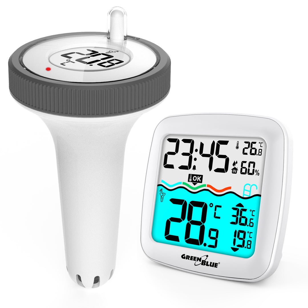 GreenBlue GB216 Termometro per piscina con  Stazione meteo Termometro digitale radio per piscina Termometro galleggiante per piscina SPA Funzione orologio radio DCF
