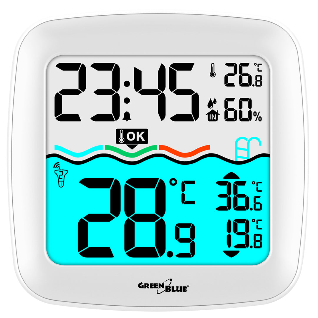 GreenBlue GB216 Termometro per piscina con  Stazione meteo Termometro digitale radio per piscina Termometro galleggiante per piscina SPA Funzione orologio radio DCF