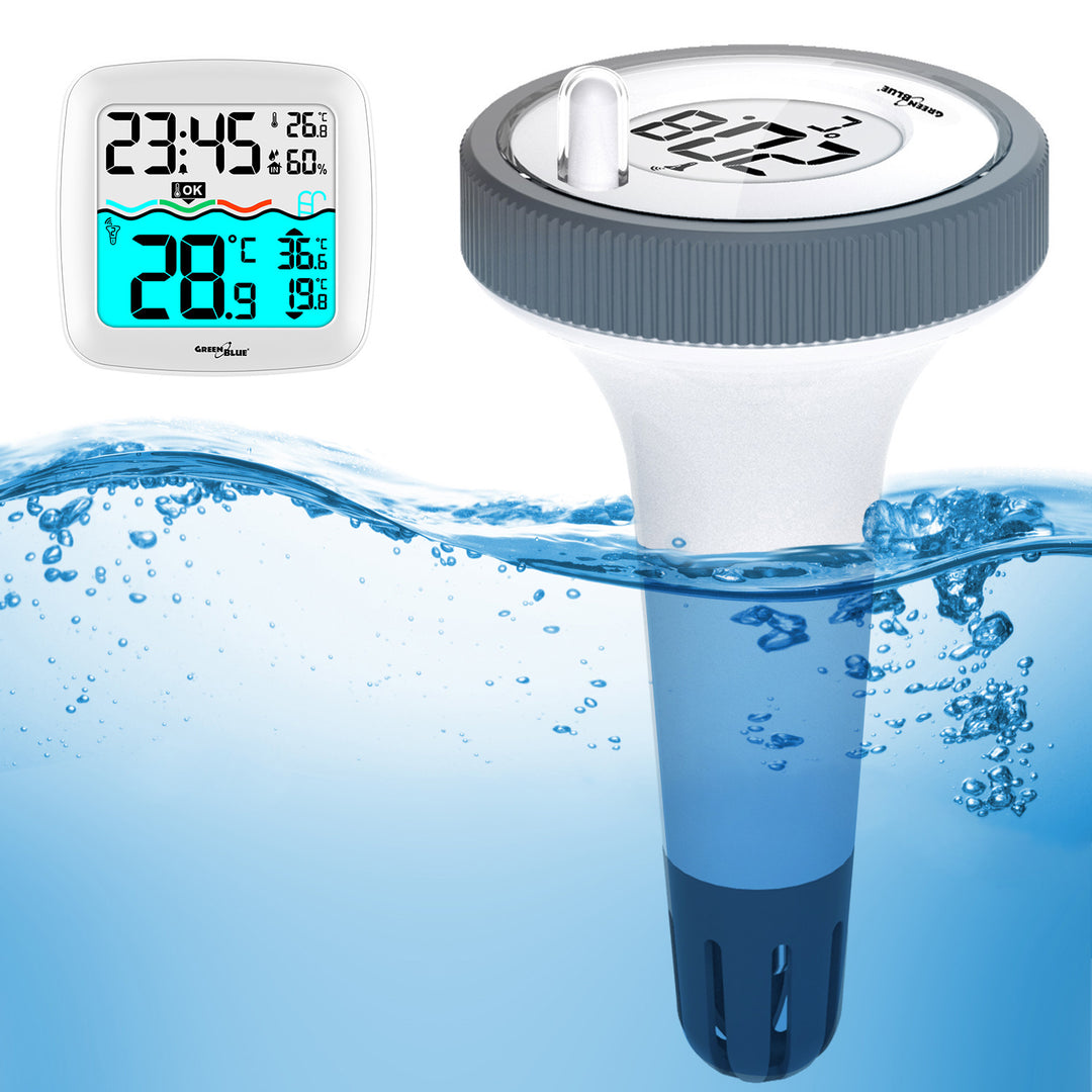 GreenBlue GB216 Termometro per piscina con  Stazione meteo Termometro digitale radio per piscina Termometro galleggiante per piscina SPA Funzione orologio radio DCF