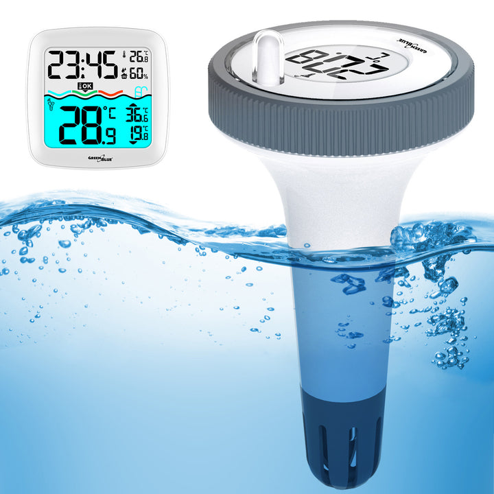 GreenBlue GB216 Termometro per piscina con  Stazione meteo Termometro digitale radio per piscina Termometro galleggiante per piscina SPA Funzione orologio radio DCF