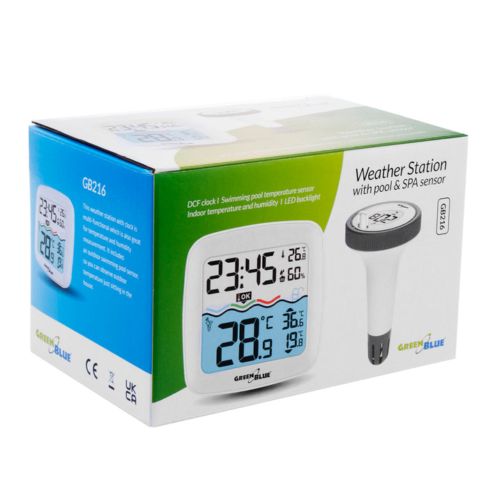 GreenBlue GB216 Termometro per piscina con  Stazione meteo Termometro digitale radio per piscina Termometro galleggiante per piscina SPA Funzione orologio radio DCF