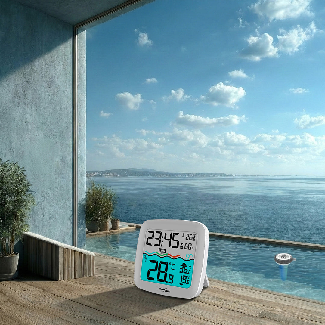GreenBlue GB216 Termometro per piscina con  Stazione meteo Termometro digitale radio per piscina Termometro galleggiante per piscina SPA Funzione orologio radio DCF