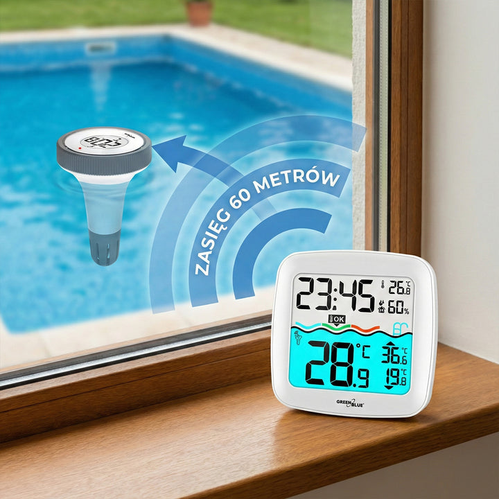 GreenBlue GB216 Termometro per piscina con  Stazione meteo Termometro digitale radio per piscina Termometro galleggiante per piscina SPA Funzione orologio radio DCF
