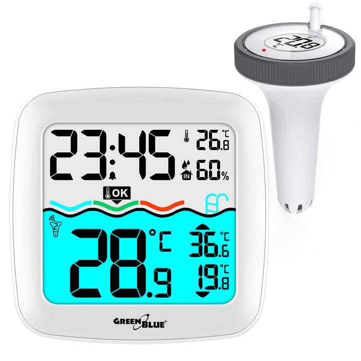 GreenBlue GB216 Termometro per piscina con  Stazione meteo Termometro digitale radio per piscina Termometro galleggiante per piscina SPA Funzione orologio radio DCF