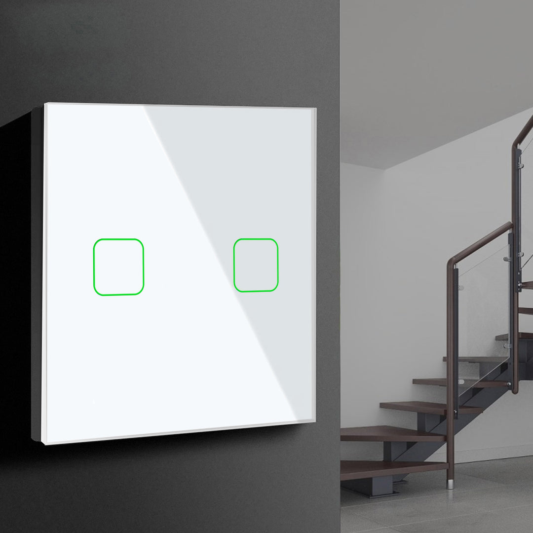 Maclean MCE712W I Interruttore doppio retroilluminazione a LED Touch in vetro Interuttore a croce per le Scale Montascale Bianco con il pulsanti rotondi