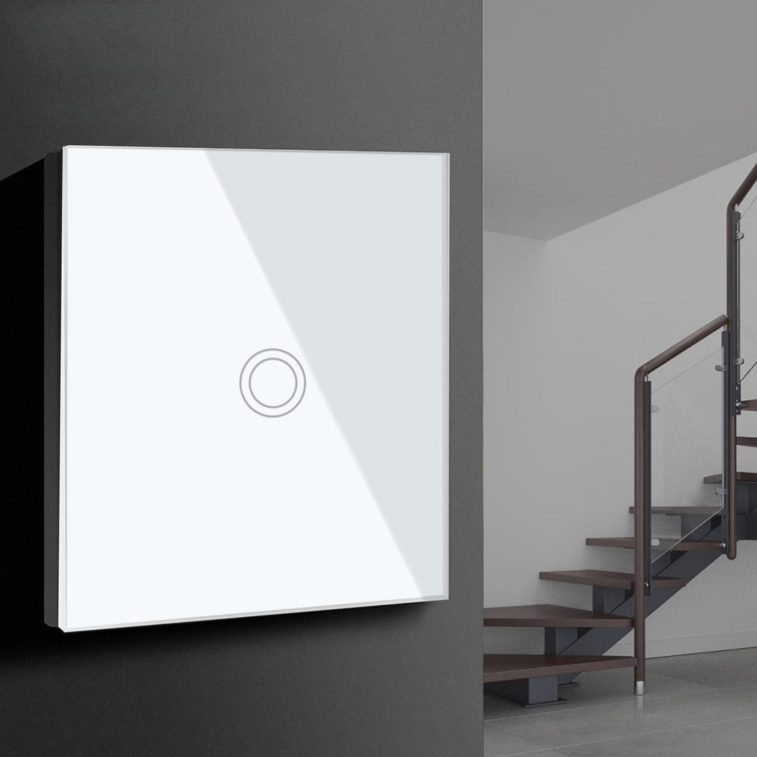 Maclean MCE710W Interruttore singolo retroilluminazione a LED Touch in vetro  Interuttore a croce per le Scale Montascale Bianco con il pulsante rotondo