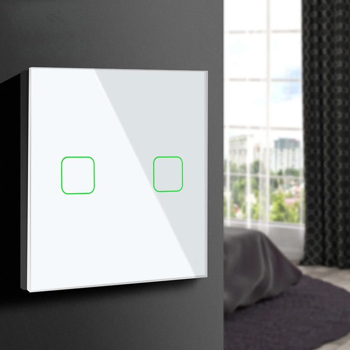 Maclean MCE717W Interruttore Touch doppio, SMART, compatibile con Tuya APP, vetro, bianco con illuminazione a pulsante doppio quadrato, 86x86 mm,