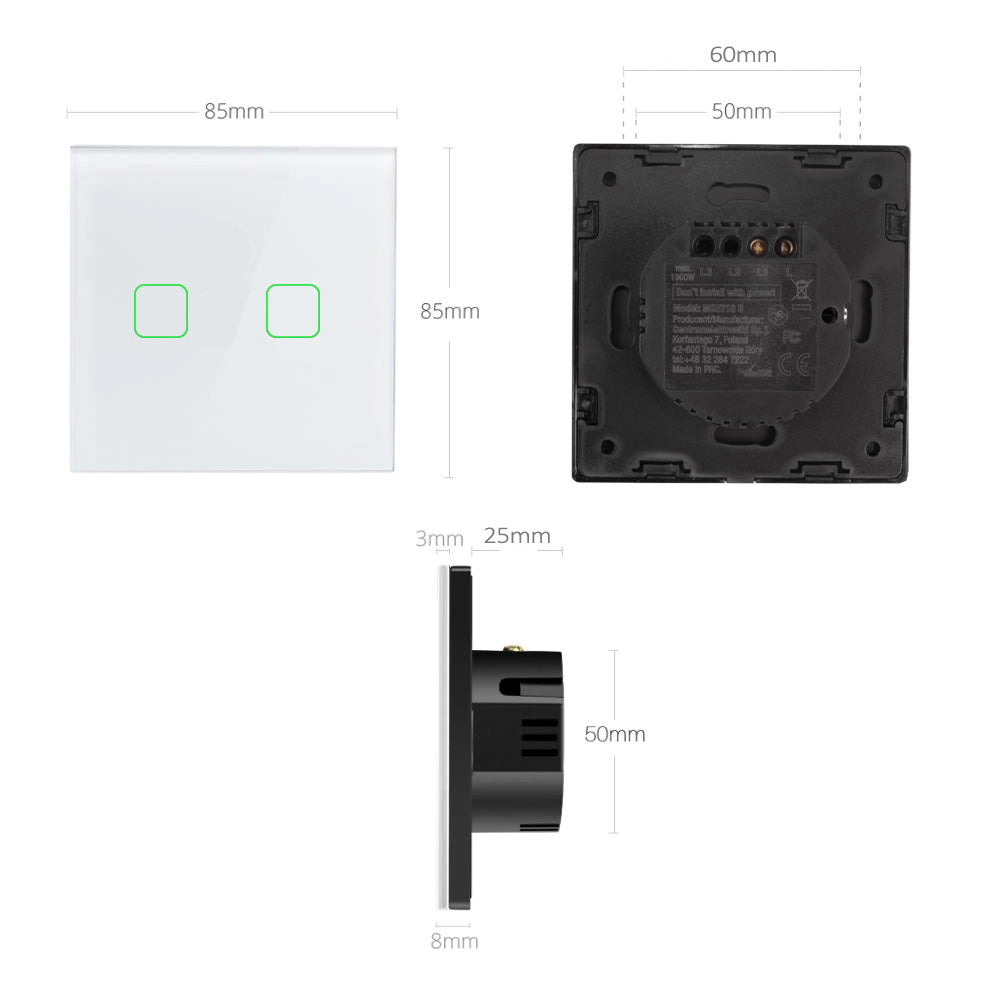 Maclean MCE717W Interruttore Touch doppio, SMART, compatibile con Tuya APP, vetro, bianco con illuminazione a pulsante doppio quadrato, 86x86 mm,