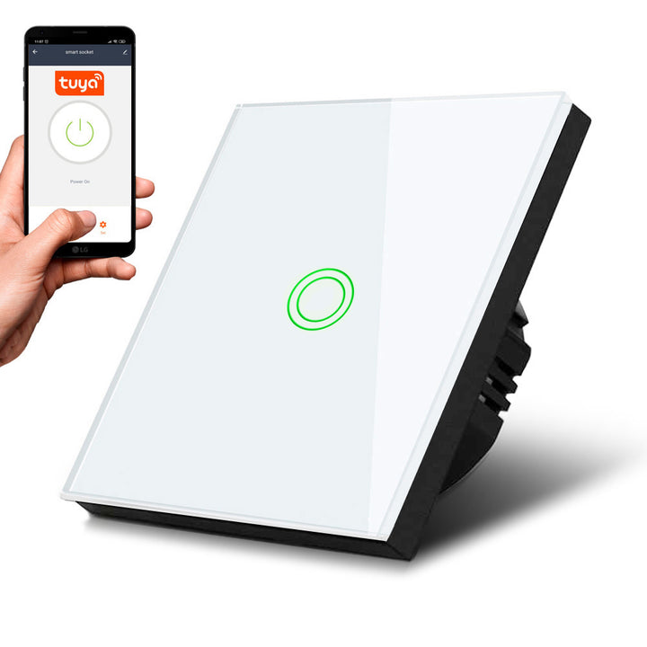 Maclean MCE715W Interruttore Touch, singolo, compatibile con SMART, Tuya APP, vetro, bianco con illuminazione a pulsante singolo  rotondo, 86x86 mm