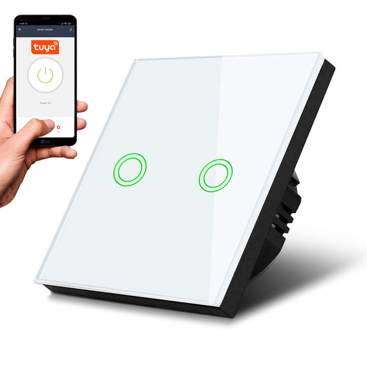 Maclean  MCE714W Interruttore Touch, compatibile con SMART, Tuya APP, vetro, bianco con illuminazione a pulsante doppio rotondo, 86x86 mm