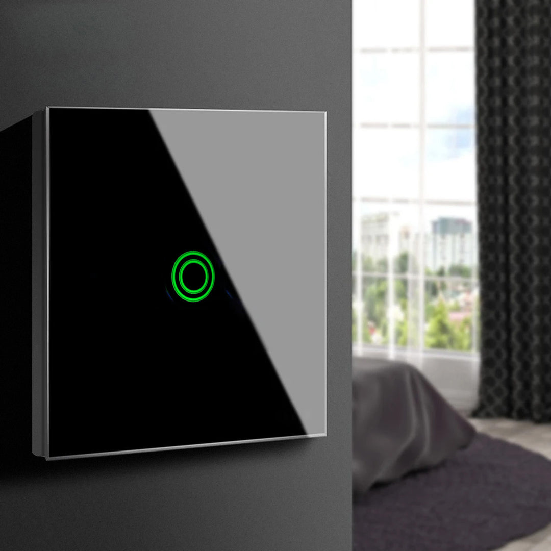 Maclean MCE715B Interruttore Touch, singolo, compatibile con SMART, Tuya APP, vetro, nero con illuminazione a pulsante singolo rotondo, 86x86 mm