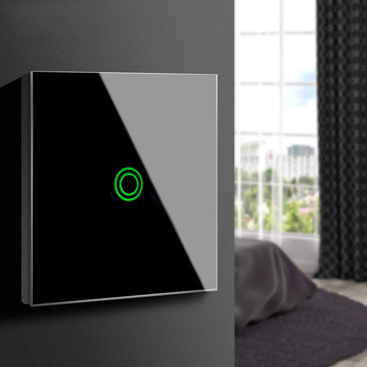 Maclean MCE715B Interruttore Touch, singolo, compatibile con SMART, Tuya APP, vetro, nero con illuminazione a pulsante singolo rotondo, 86x86 mm