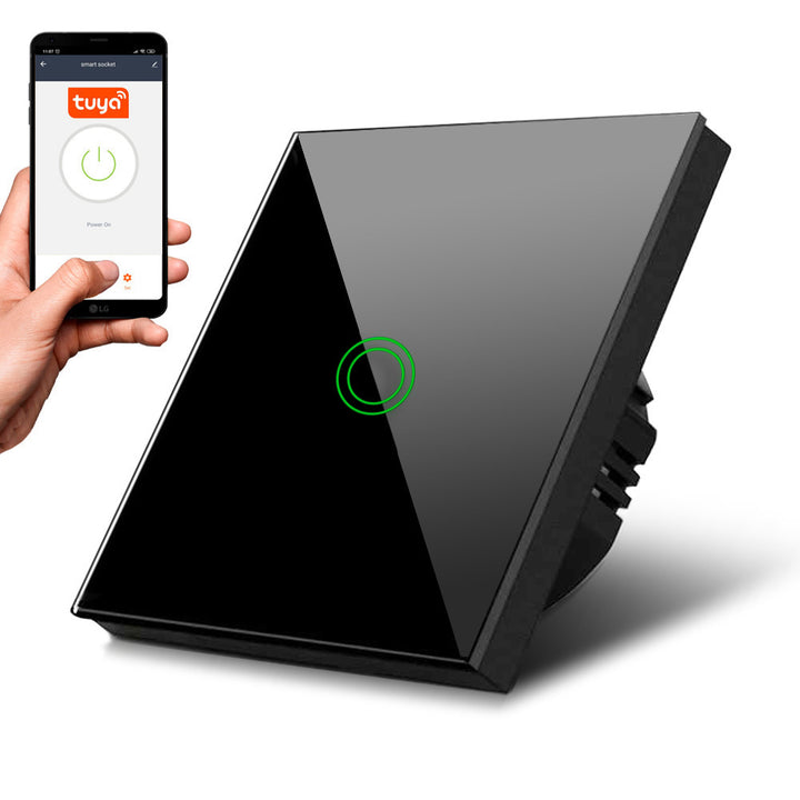 Maclean MCE715B Interruttore Touch, singolo, compatibile con SMART, Tuya APP, vetro, nero con illuminazione a pulsante singolo rotondo, 86x86 mm