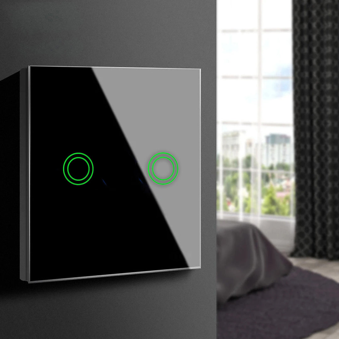 Maclean MCE714B Interruttore Touch, singolo, compatibile con SMART, Tuya APP, vetro, nerocon illuminazione a pulsante doppio rotondo, 86x86 mm