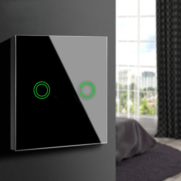Maclean MCE714B Interruttore Touch, singolo, compatibile con SMART, Tuya APP, vetro, nerocon illuminazione a pulsante doppio rotondo, 86x86 mm