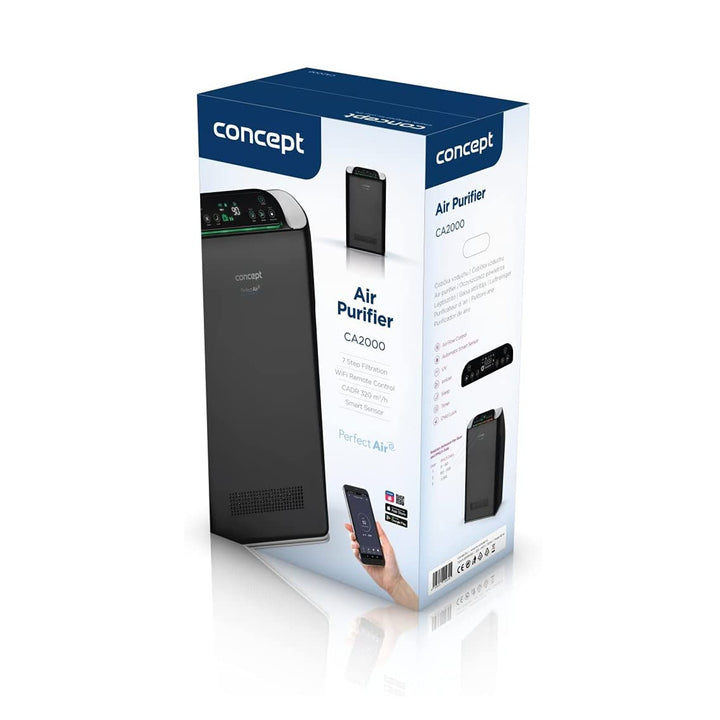 CONCEPT Purificatore d'aria Perfect Air SMART CA2000 320 m3 / h Filtrazione a 7 stadi HEPA-13 Filtro per la polvere Ionizzatore Filtro al carbonio 99,9% App mobile, nero
