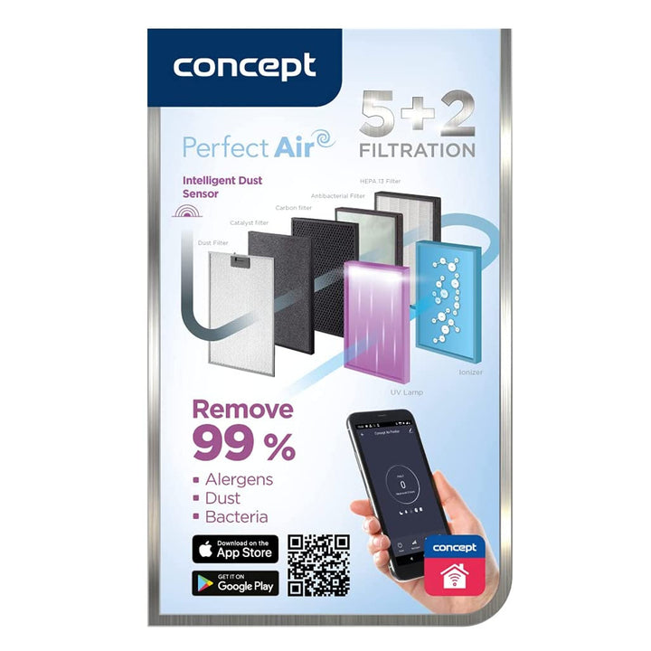 CONCEPT Purificatore d'aria Perfect Air SMART CA2000 320 m3 / h Filtrazione a 7 stadi HEPA-13 Filtro per la polvere Ionizzatore Filtro al carbonio 99,9% App mobile, nero