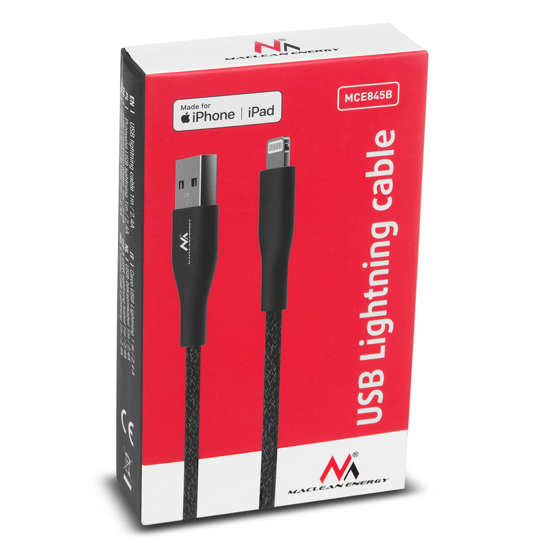 Maclean Energy MCE845B Cavo lightning  MFi (realizzato per iPhone / iPod / iPad) che supporta la ricarica rapida 2,4A nero lunghezza 1m 5V/2,4A - trasferimento dati