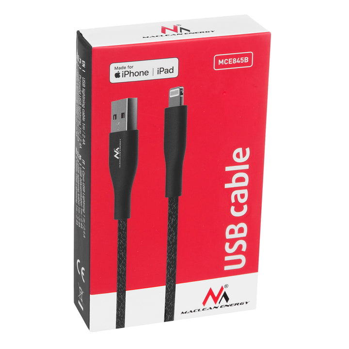 Maclean Energy MCE845B Cavo lightning  MFi (realizzato per iPhone / iPod / iPad) che supporta la ricarica rapida 2,4A nero lunghezza 1m 5V/2,4A - trasferimento dati