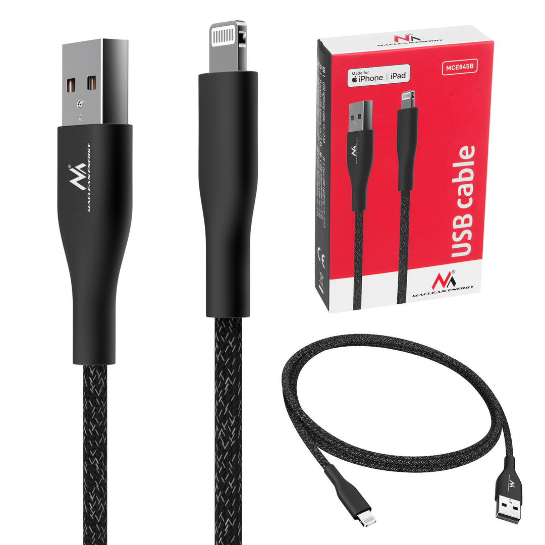 Maclean Energy MCE845B Cavo lightning  MFi (realizzato per iPhone / iPod / iPad) che supporta la ricarica rapida 2,4A nero lunghezza 1m 5V/2,4A - trasferimento dati