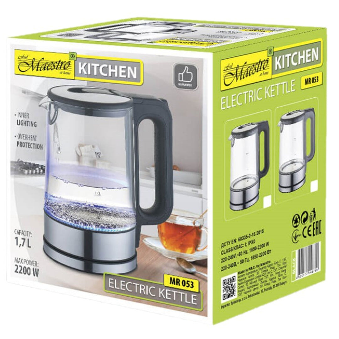 Maestro MR-053 Bollitore elettrico in vetro con luce interna 1.7L Base a 360 gradi Spegnimento automatico Filtro anticalcare Indicatore del livello dell'acqua 220-240V, ~50Hz, 2200W
