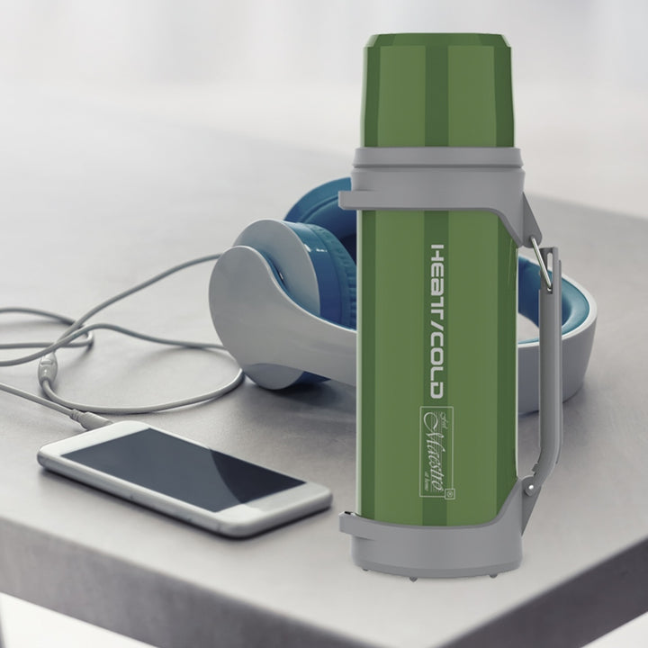 Bottiglia isolante Thermos 1L con tazza da 350ml Chiusura ermetica cinghia di trasporto di 110 cm Materiale acciaio inossidabile 304 + plastica per bevande calde o fredde (verde)