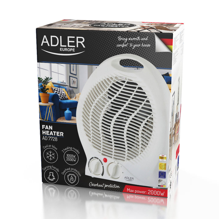 Termoventilatore Adler, termostato, funzione ventilatore, 2000W, bianco, AD 7728