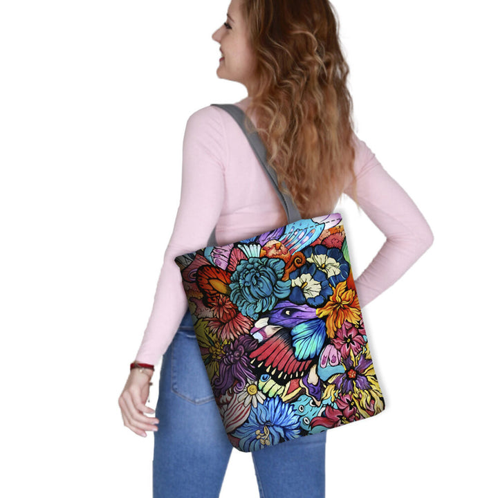 Borsa a tracolla in tela, chiusura lampo, dimensioni 36x40 cm, motivo stampato Hippi