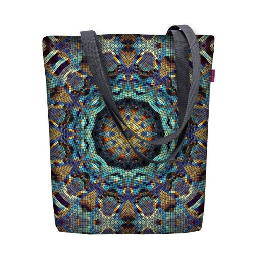 Borsa a tracolla in tela, chiusura lampo, dimensioni 36x40 cm, motivo stampato Barcelona