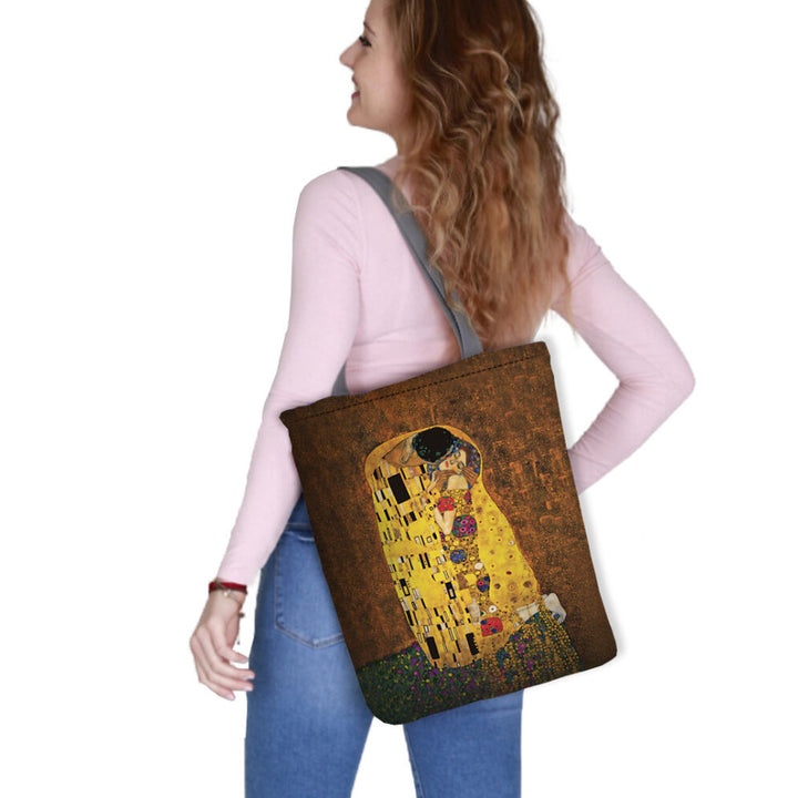 Borsa a tracolla in tela, chiusura lampo, dimensioni 36x40 cm, motivo stampato "Il bacio"